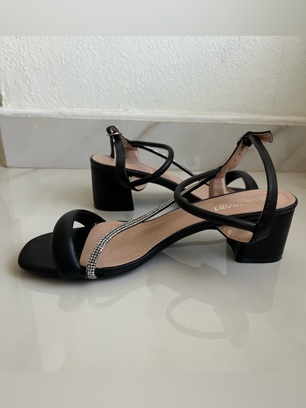 VENUS Black Rhinestone Strappy Block Heel Sandals